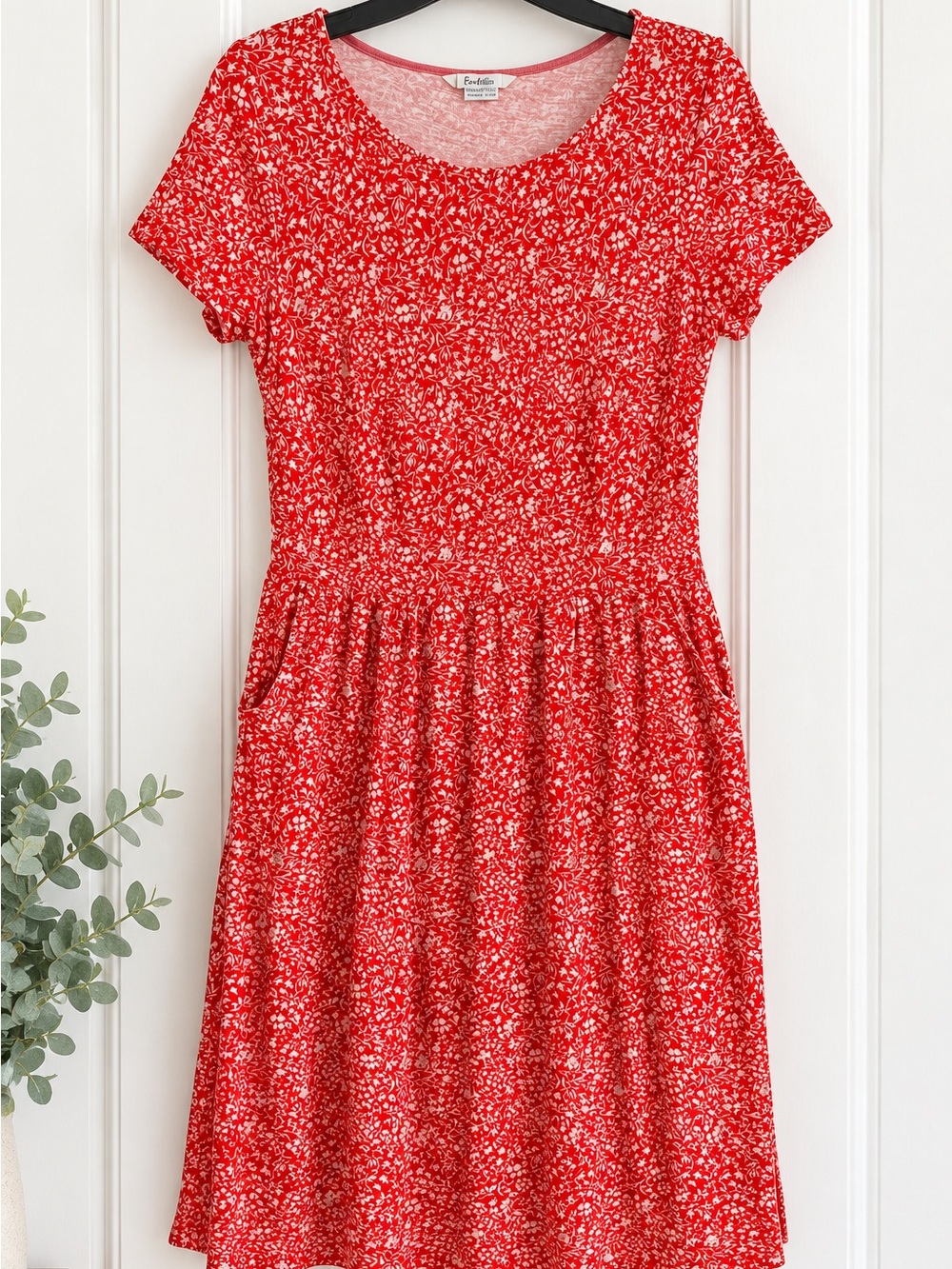 Boden Phoebe Jersey Dress 8L Red White Floral Cotton Fit & Flare Pockets